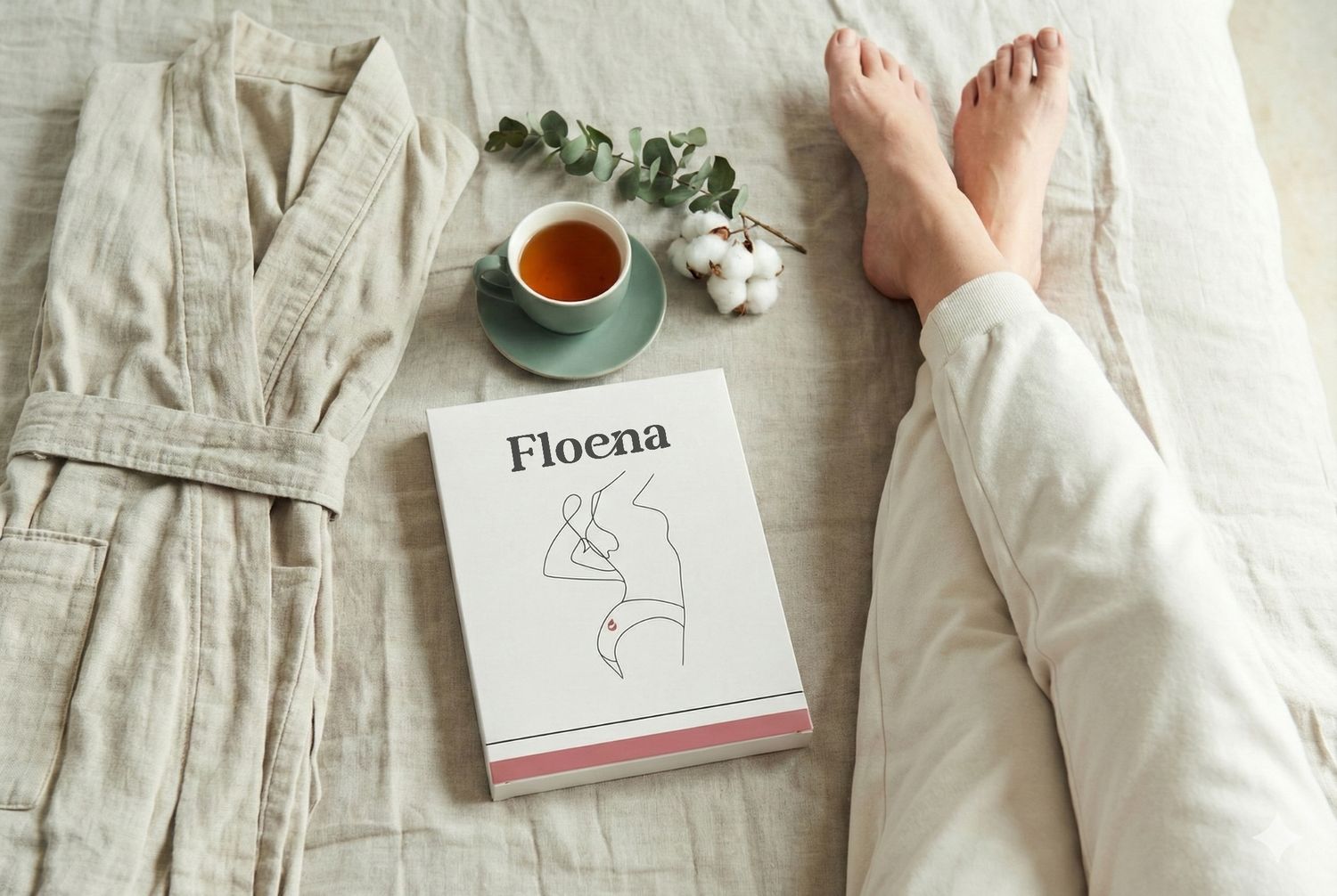 Ein entspanntes Morgen-Setup mit einer Tasse Tee, Baumwolle, einem Bademantel und Floena Produktverpackung auf weicher Bettwäsche, das eine ruhige und gemütliche Atmosphäre schafft.
